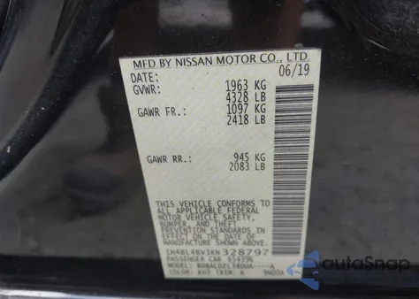 2019 Nissan Altima 2.5 S из США, поврежденный, VIN 1N4BL4BV3KN328797